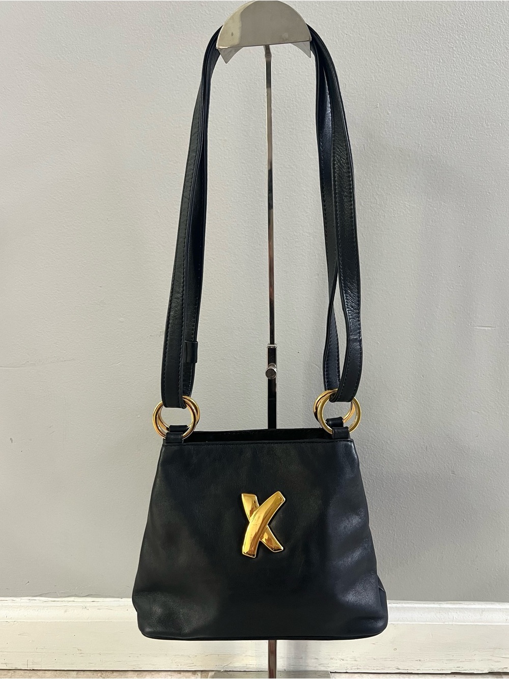 Vintage Paloma Picasso Black Leather Shoulder Bag Crossbody Bag Made In Italy
